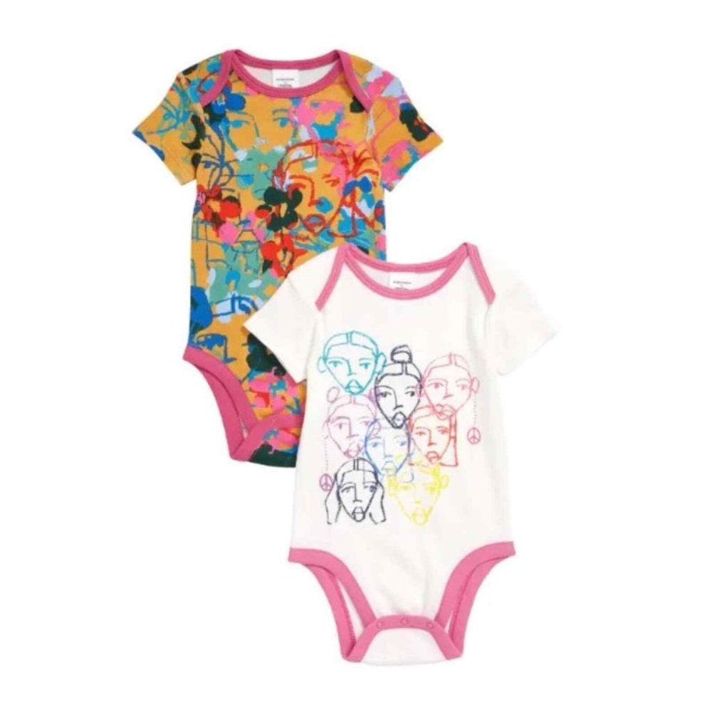 Nordstrom Babies' CM 2-pack Short Sleeve Bodysuits Ivory Growing To Bloom 3M NWT